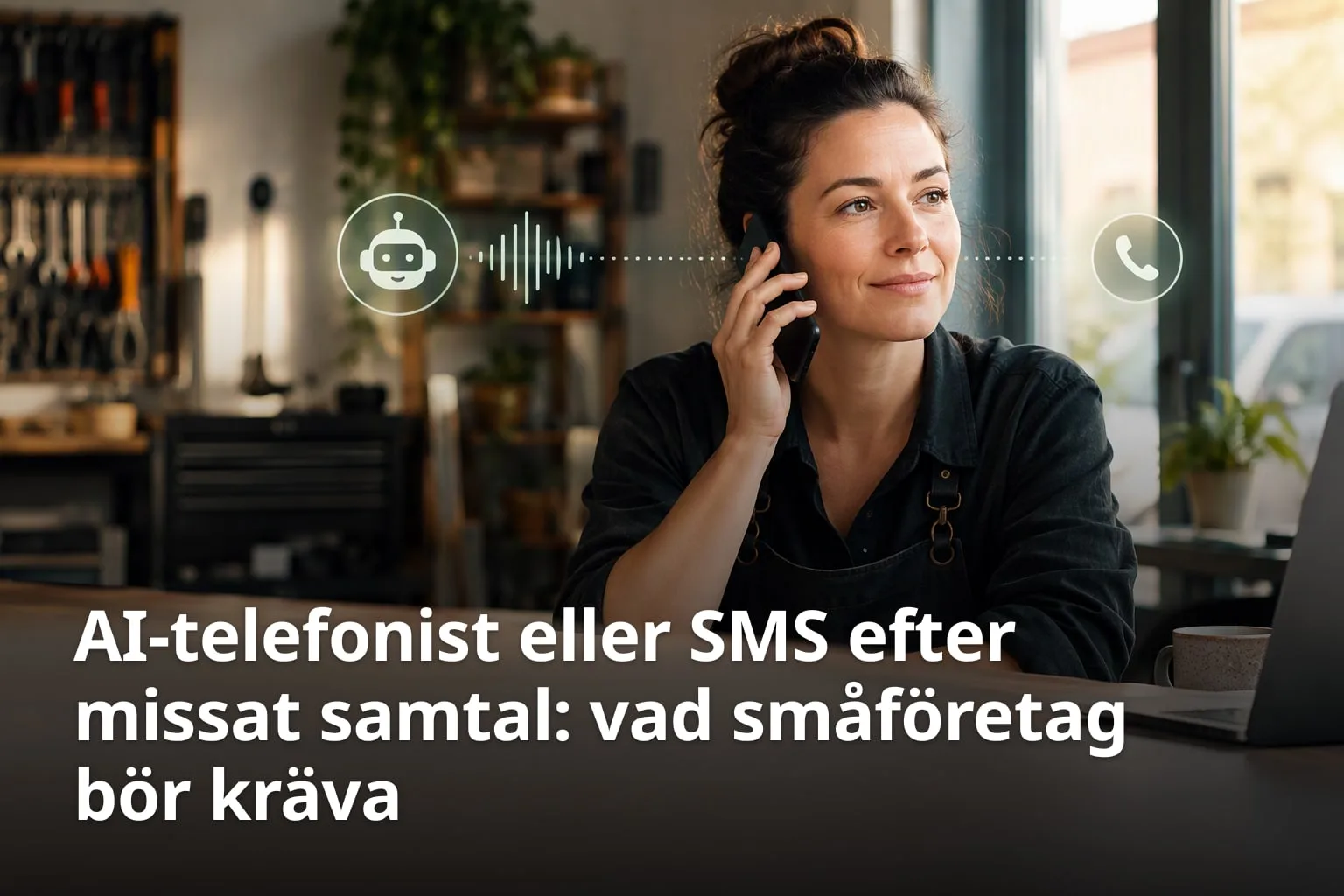 En företagare i förkläde pratar i mobilen i sin verkstad, med ikoner för en AI-assistent och ett telefonsamtal kopplade med en ljudvåg.