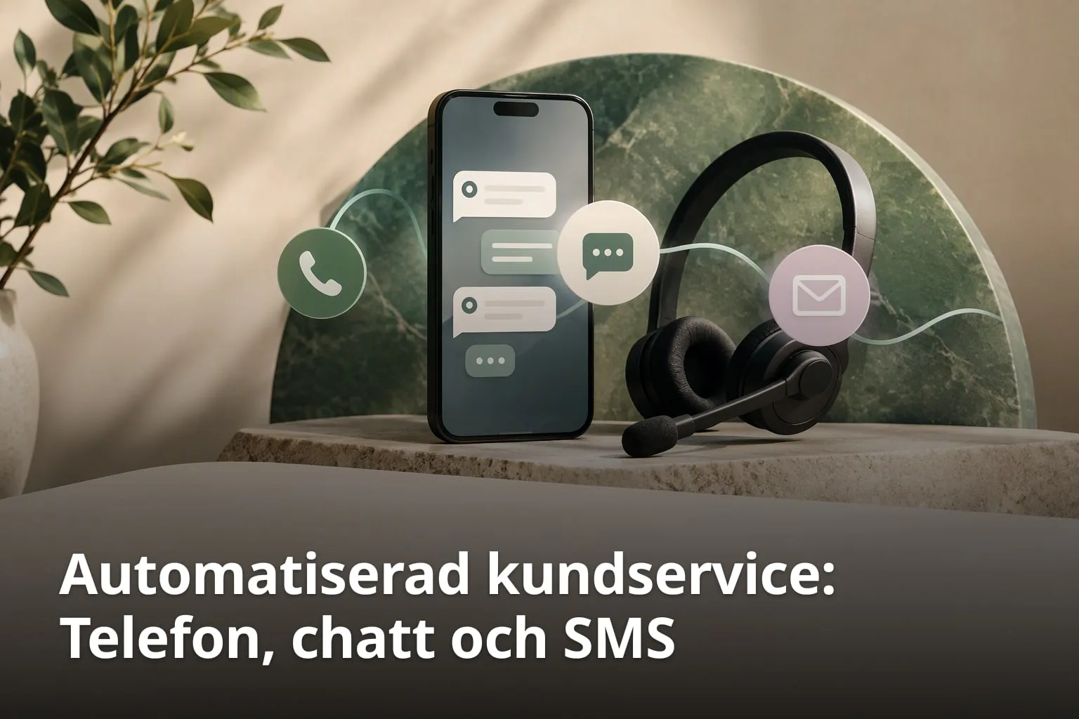 En mobil med chattbubblor och ett headset på en stenhylla, med ikoner för telefon, chatt och e-post sammanbundna av en linje.
