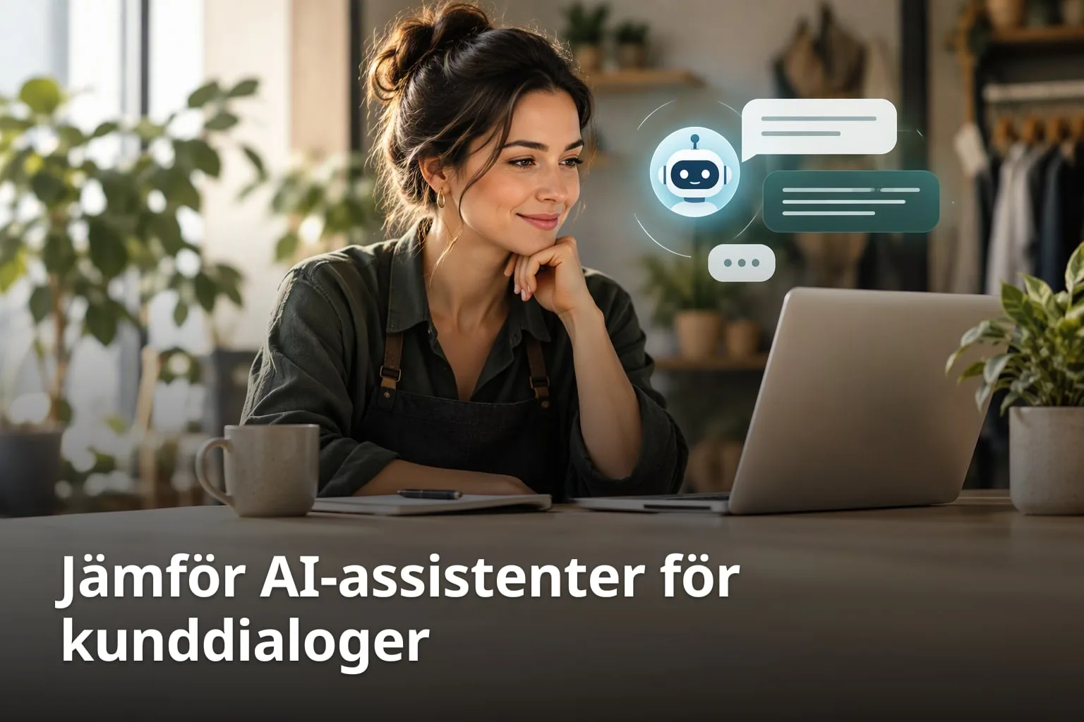 En kvinna i förkläde sitter vid sin laptop i en butik och ler mot en liten robotikon med chattbubblor.