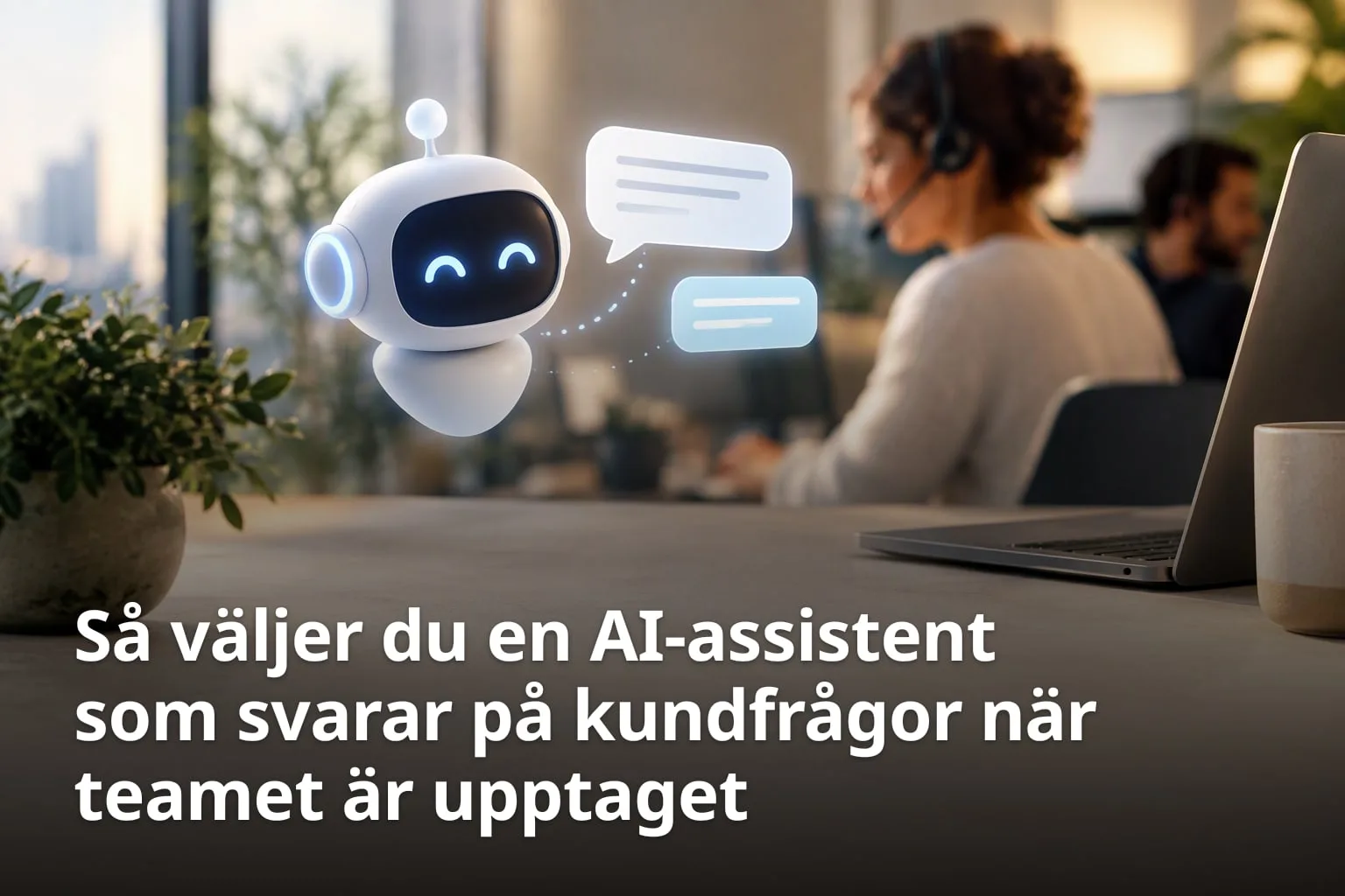 En liten vit robot med chattbubblor svävar över ett skrivbord medan medarbetare med headset arbetar i bakgrunden.